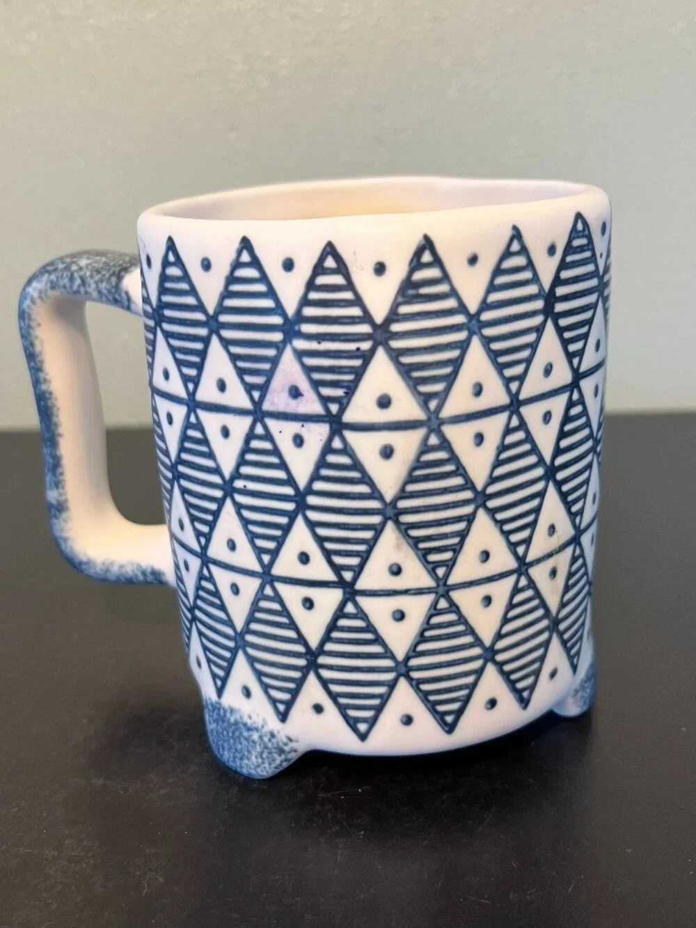 PAPER SOURCE Handcrafted Look Blue-on-White Geometric Tile Pattern Stoneware Mug
